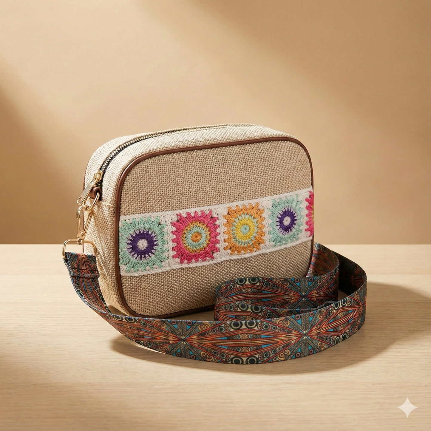 Kanirae Embroidered Boho Crossbody Sling Bag – Handmade Crochet Floral Design