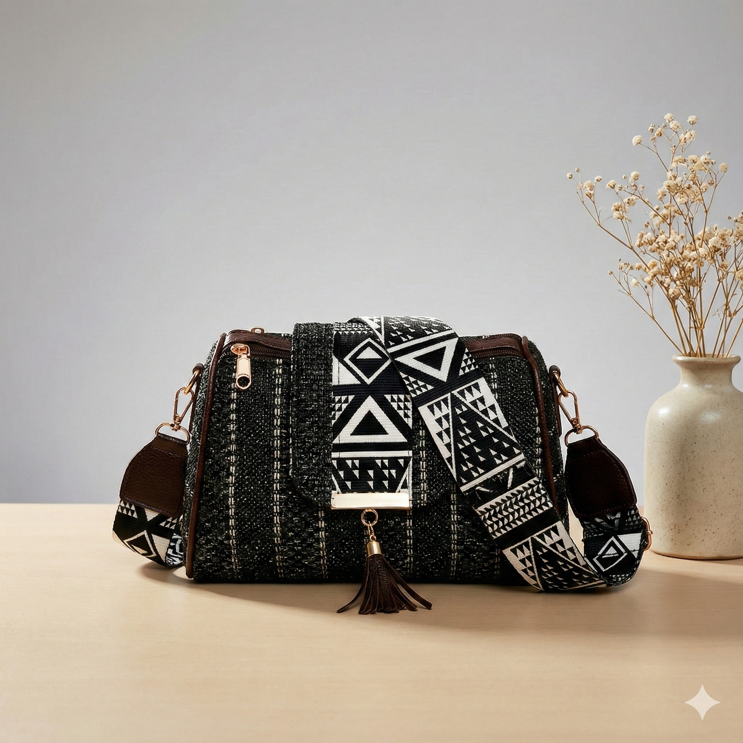 Kanirae Tribal Pattern Sling Bag – Black & White Boho Crossbody with Tassel