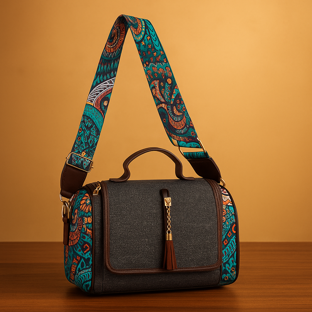 Kanirae Teal & Charcoal Boho Sling Bag – Premium Fabric Crossbody with Tassel & Wide Strap