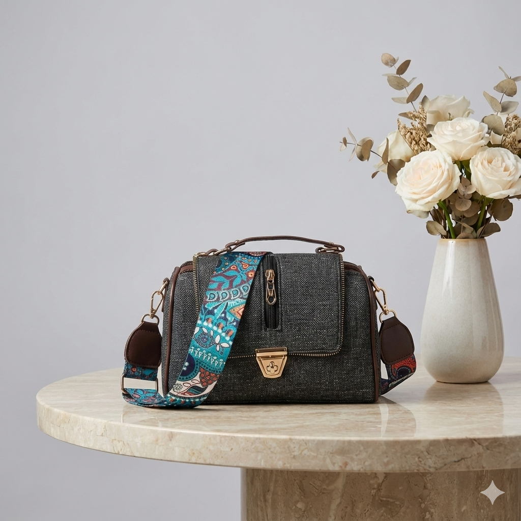 Kanirae Charcoal Boho Structured Sling Bag – Crossbody with Turn-Lock Flap & Printed Strap