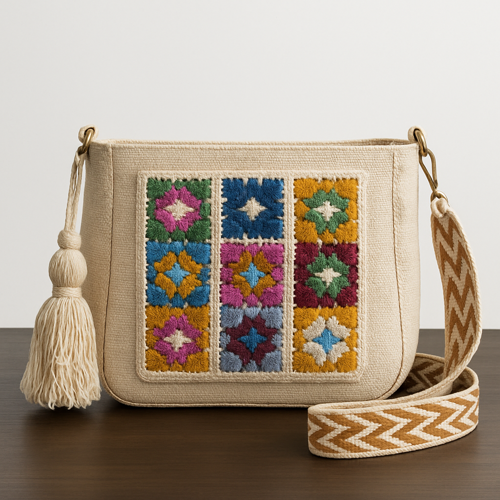 Kanirae Multicolor Embroidered Canvas Sling Bag – Handmade Boho Crossbody with Tassel