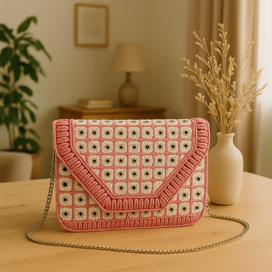 Handcrafted Macramé Pastel Pink Sling Bag – Elegant Eyelet Embroidery with Metal Chain