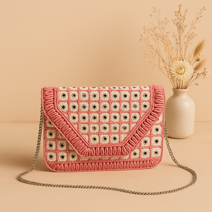 Handcrafted Macramé Pastel Pink Sling Bag – Elegant Eyelet Embroidery with Metal Chain