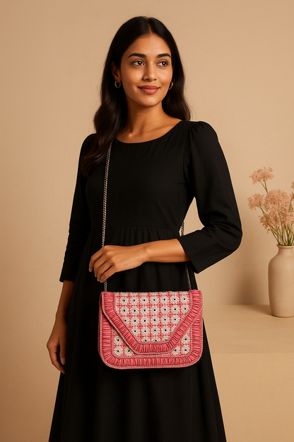 Handcrafted Macramé Pastel Pink Sling Bag – Elegant Eyelet Embroidery with Metal Chain