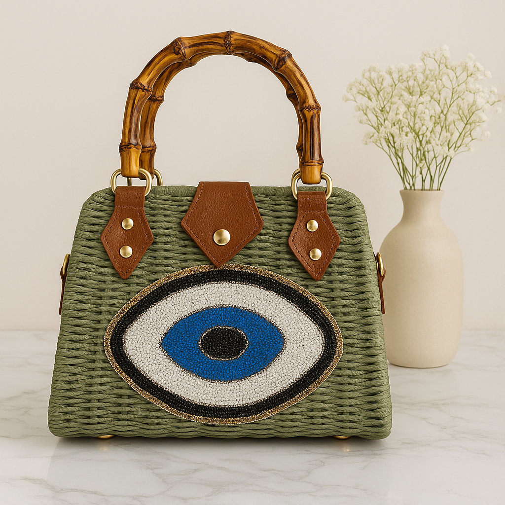 Handcrafted Evil Eye Beaded Woven Handbag – Bamboo Handle Premium Designer Bag