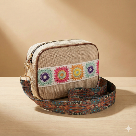 Kanirae Embroidered Boho Crossbody Sling Bag – Handmade Crochet Floral Design