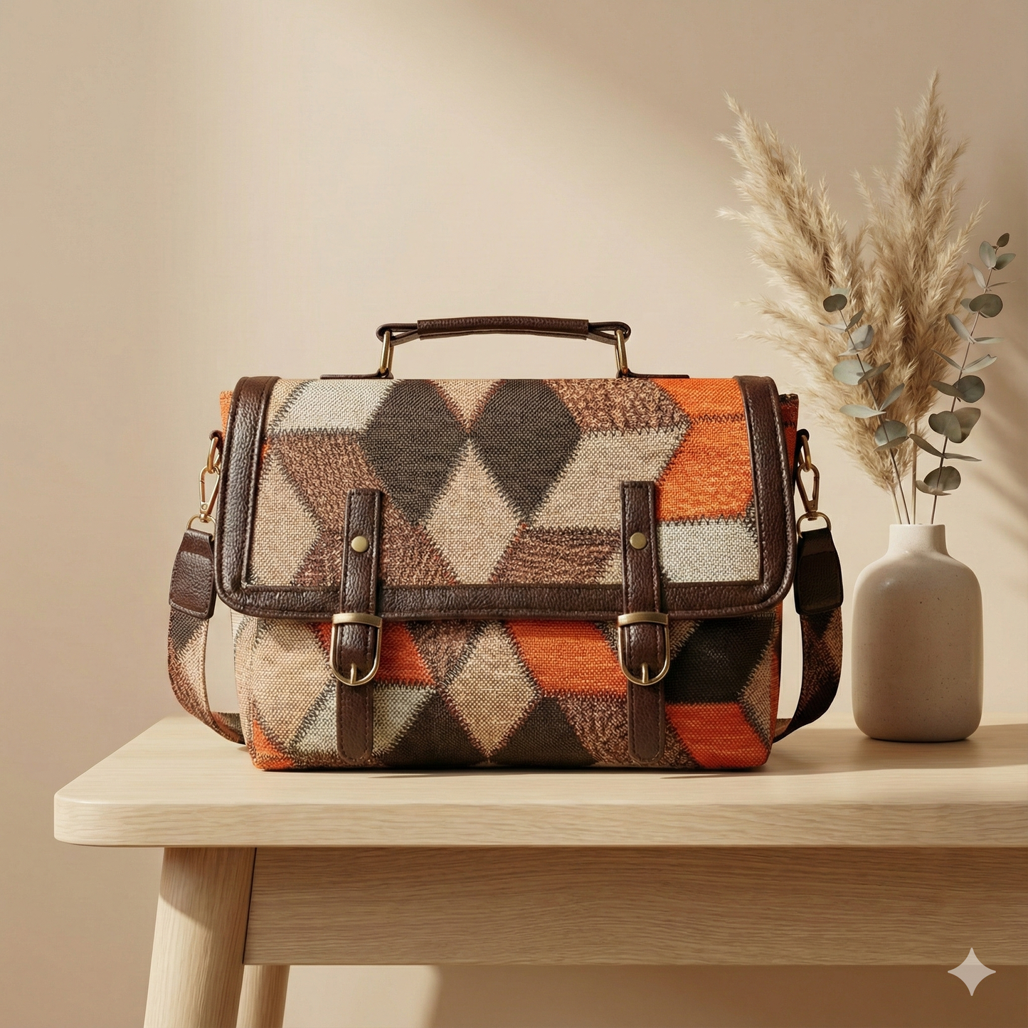 Kanirae Boho Geometric Canvas Satchel – Vegan-Friendly Woven Messenger Bag