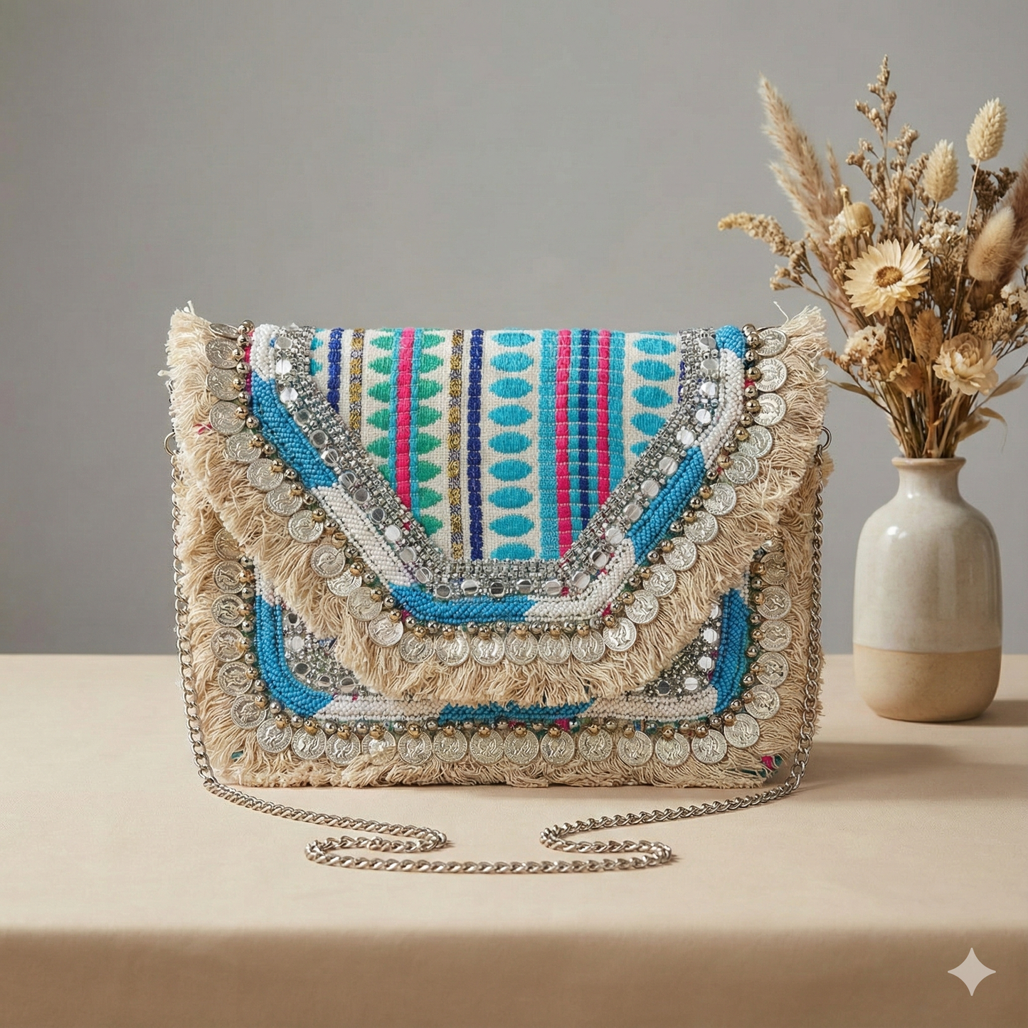 Handcrafted Embellished Boho Sling Bag – Mirror Work, Coins & Beaded Festive Clutch