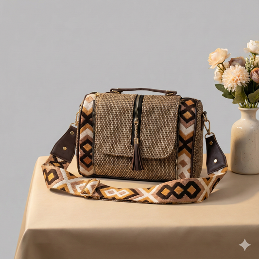Kanirae Brown Woven Sling Bag – Boho Crossbody with Geometric Strap & Tassel