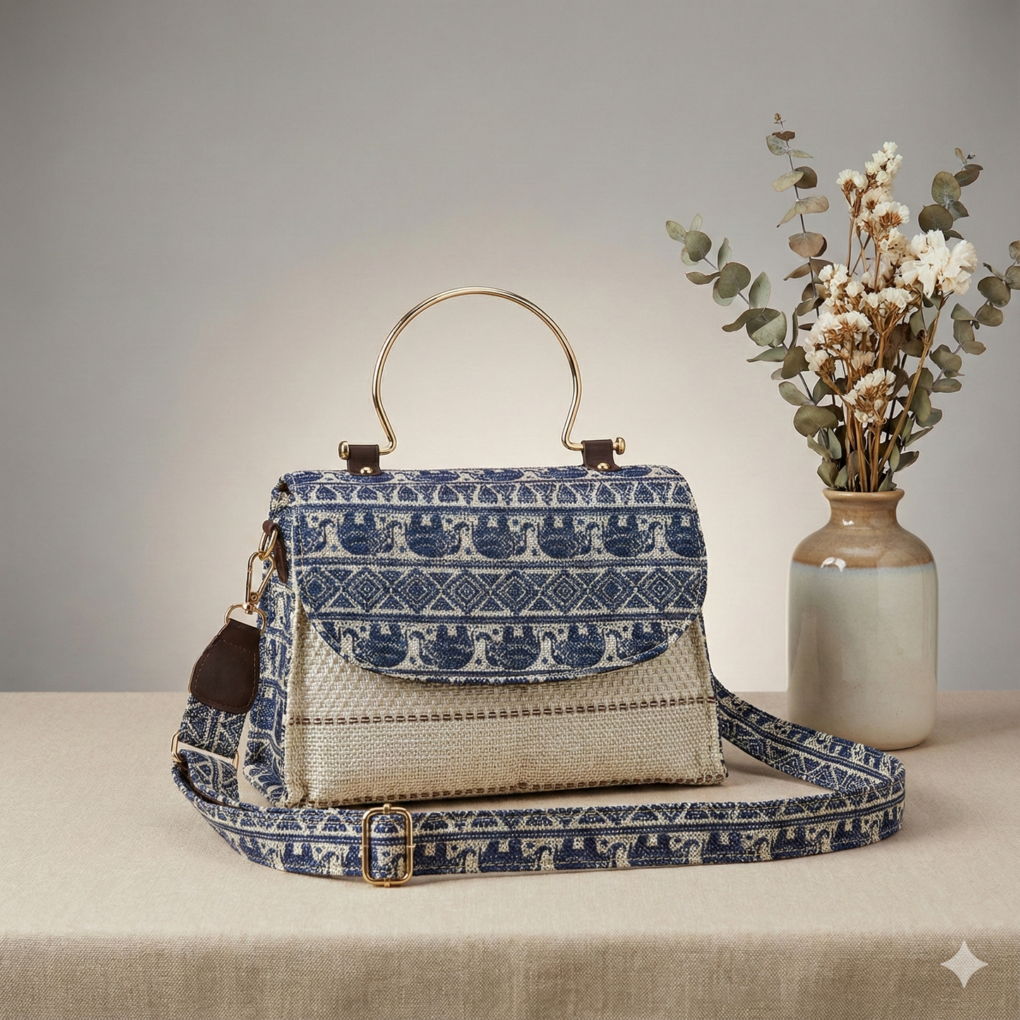 Blue Boho Elephant Handcrafted Sling & Handbag – Premium Fabric Shoulder Bag