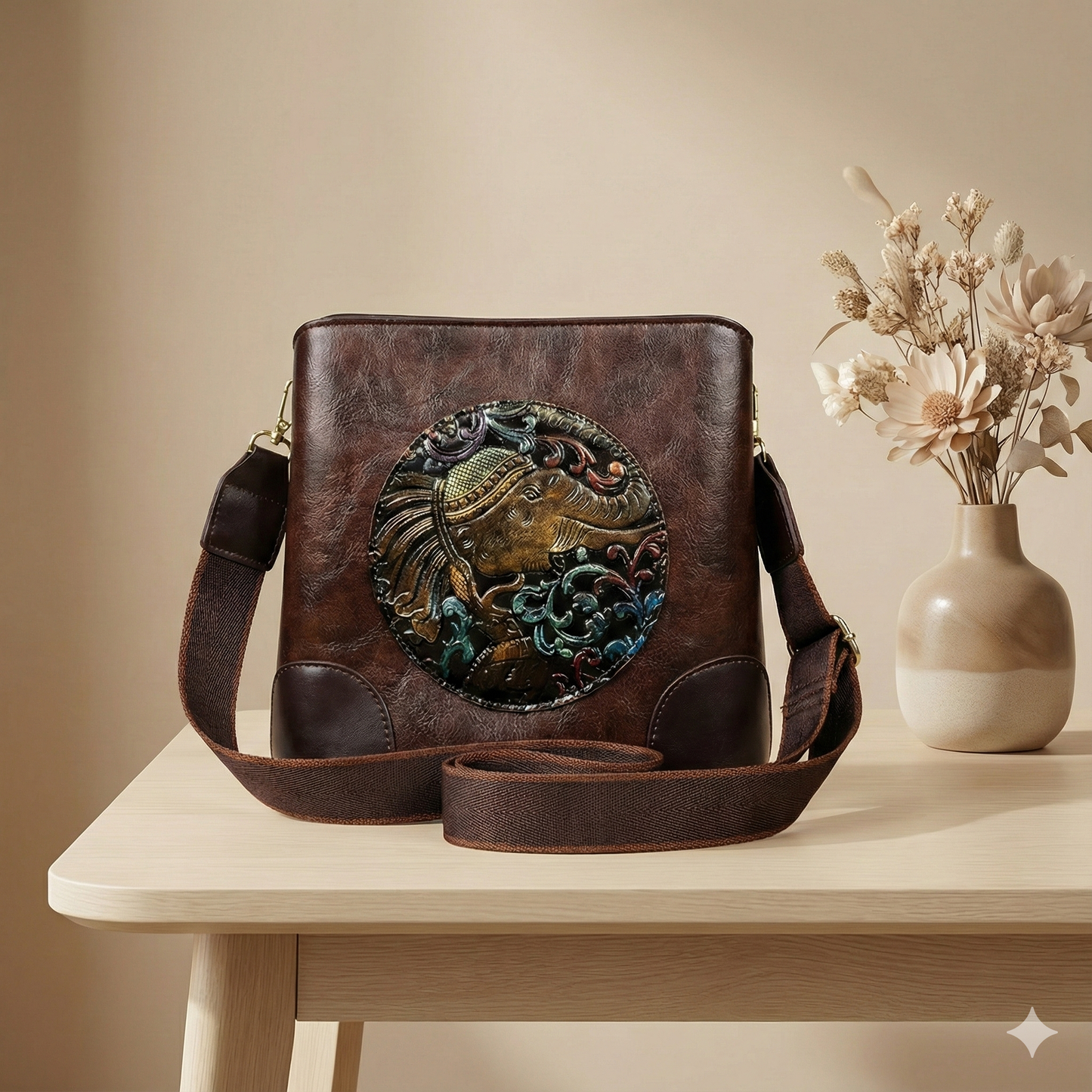Kanirae Handcrafted Embossed Elephant Sling Bag – Vintage Brown Art Leather Crossbody