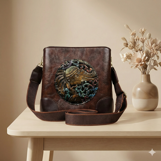Kanirae Handcrafted Embossed Elephant Sling Bag – Vintage Brown Art Leather Crossbody
