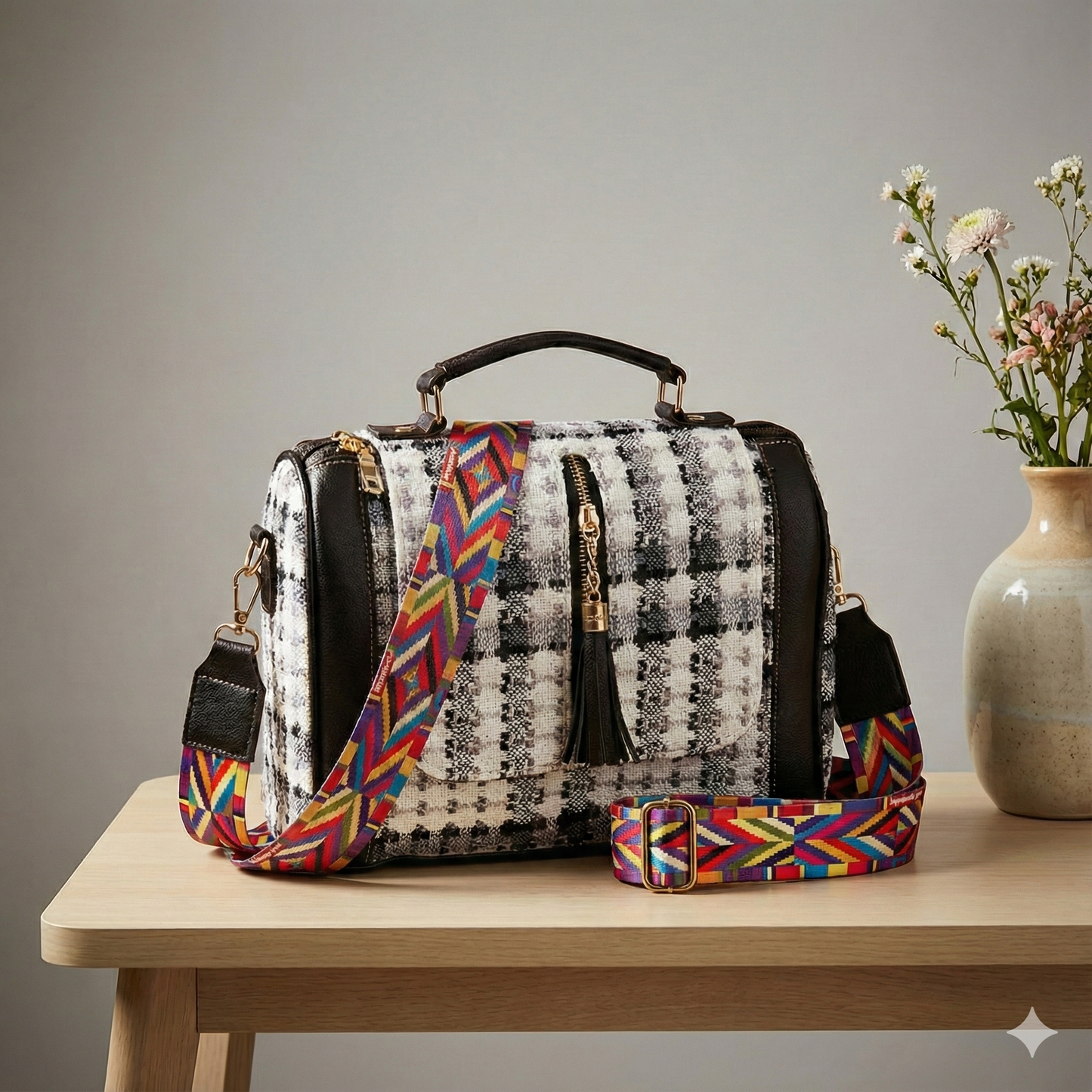 Kanirae Premium Checkered Sling Bag with Boho Designer Strap