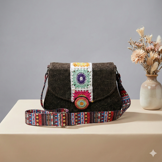 Kanirae Boho Crochet Flap Sling Bag – Dark Jute Handmade Crossbody
