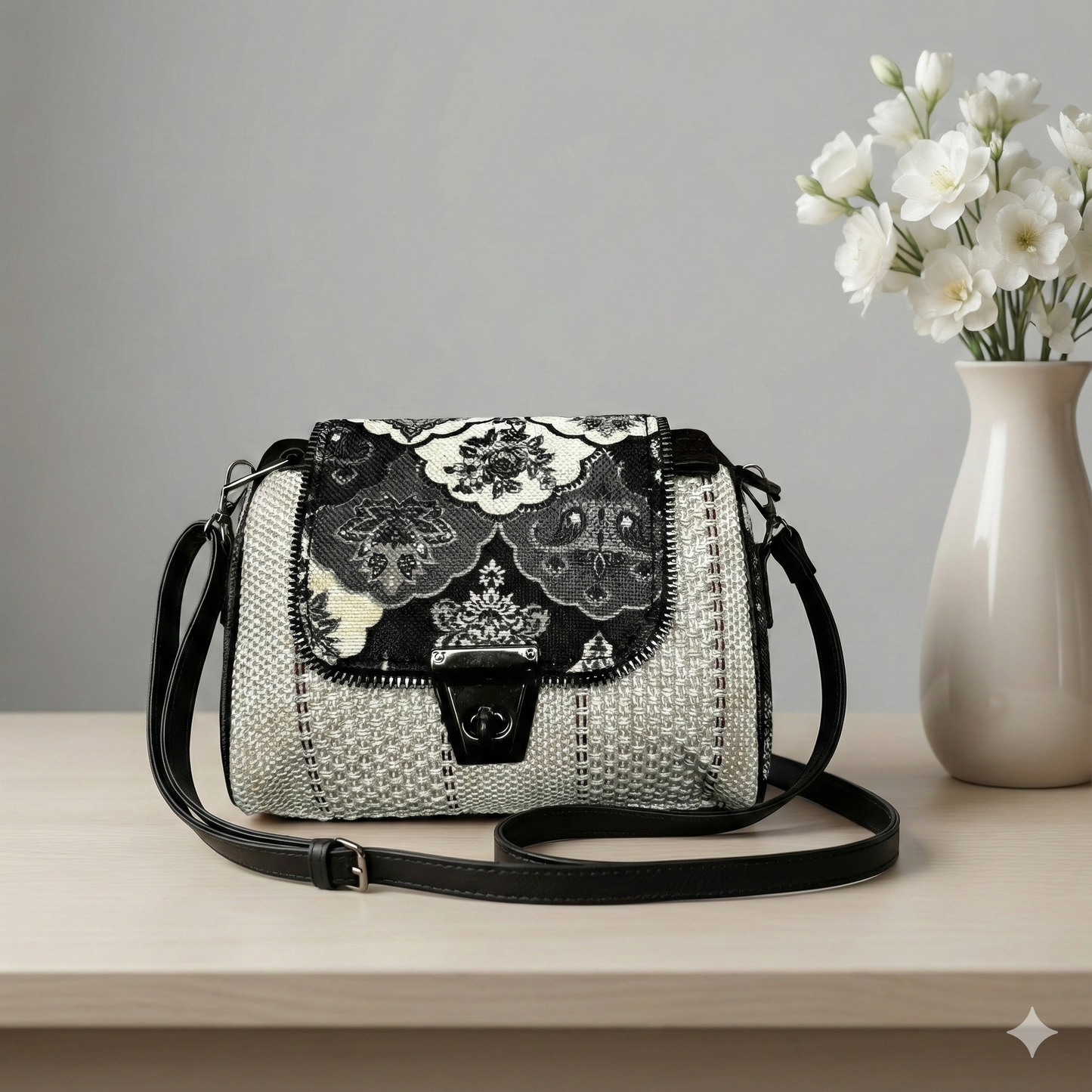 Kanirae Black & White Floral Sling Bag – Elegant Woven Crossbody with Lock Flap