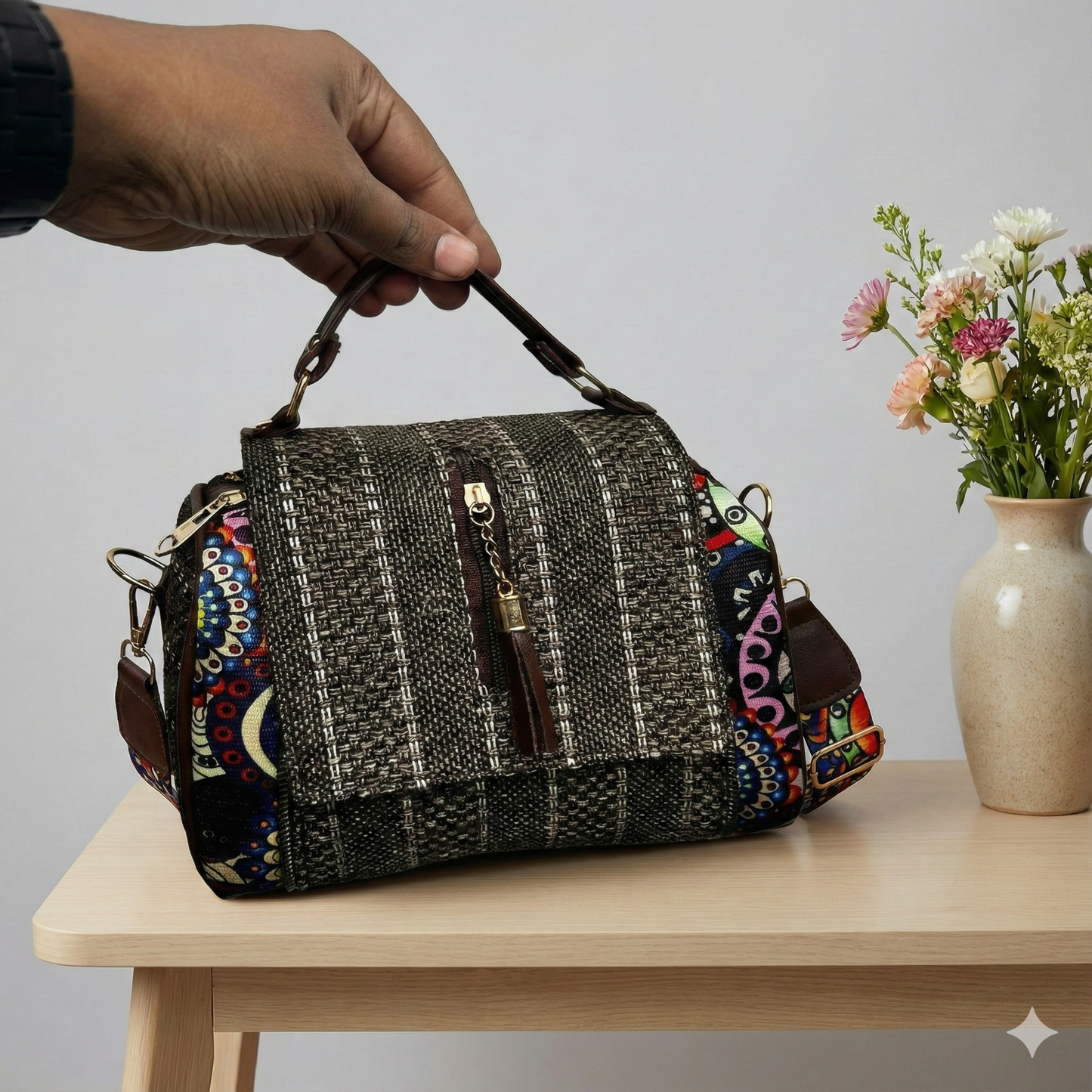 Kanirae Brown Textured Handheld Sling Bag – Boho Fabric Crossbody with Tassel & Patterned Sides