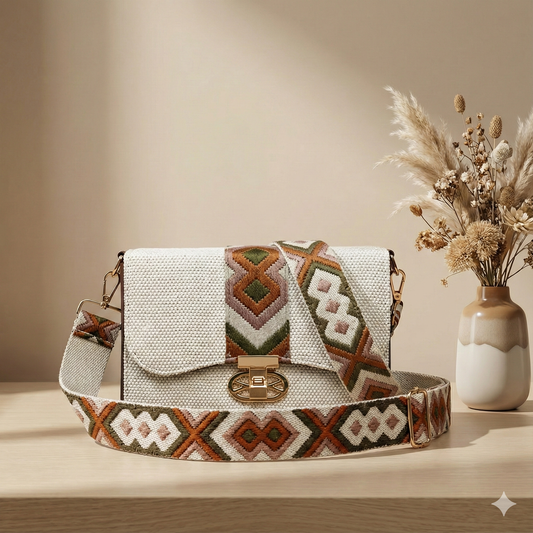 Kanirae Cream Textured Sling Bag – Boho Crossbody with Turn-Lock Flap & Patterned Strap