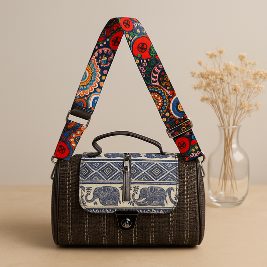 Kanirae Elephant Print Boho Sling Bag – Structured Fabric Crossbody with Colourful Strap
