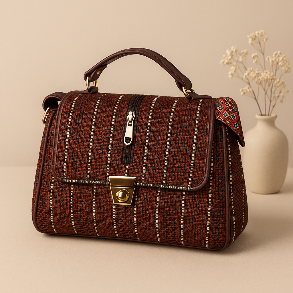 Kanirae Maroon Textured Sling Bag – Structured Fabric Crossbody with Handle & Turn-Lock Flap