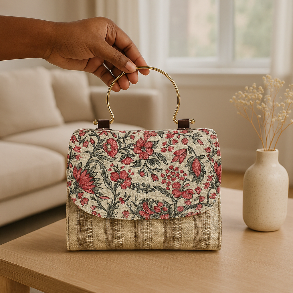 Kanirae Floral Printed Handheld Sling Bag – Elegant Fabric Crossbody with Gold Metal Handle