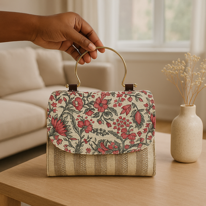 Kanirae Floral Printed Handheld Sling Bag – Elegant Fabric Crossbody with Gold Metal Handle