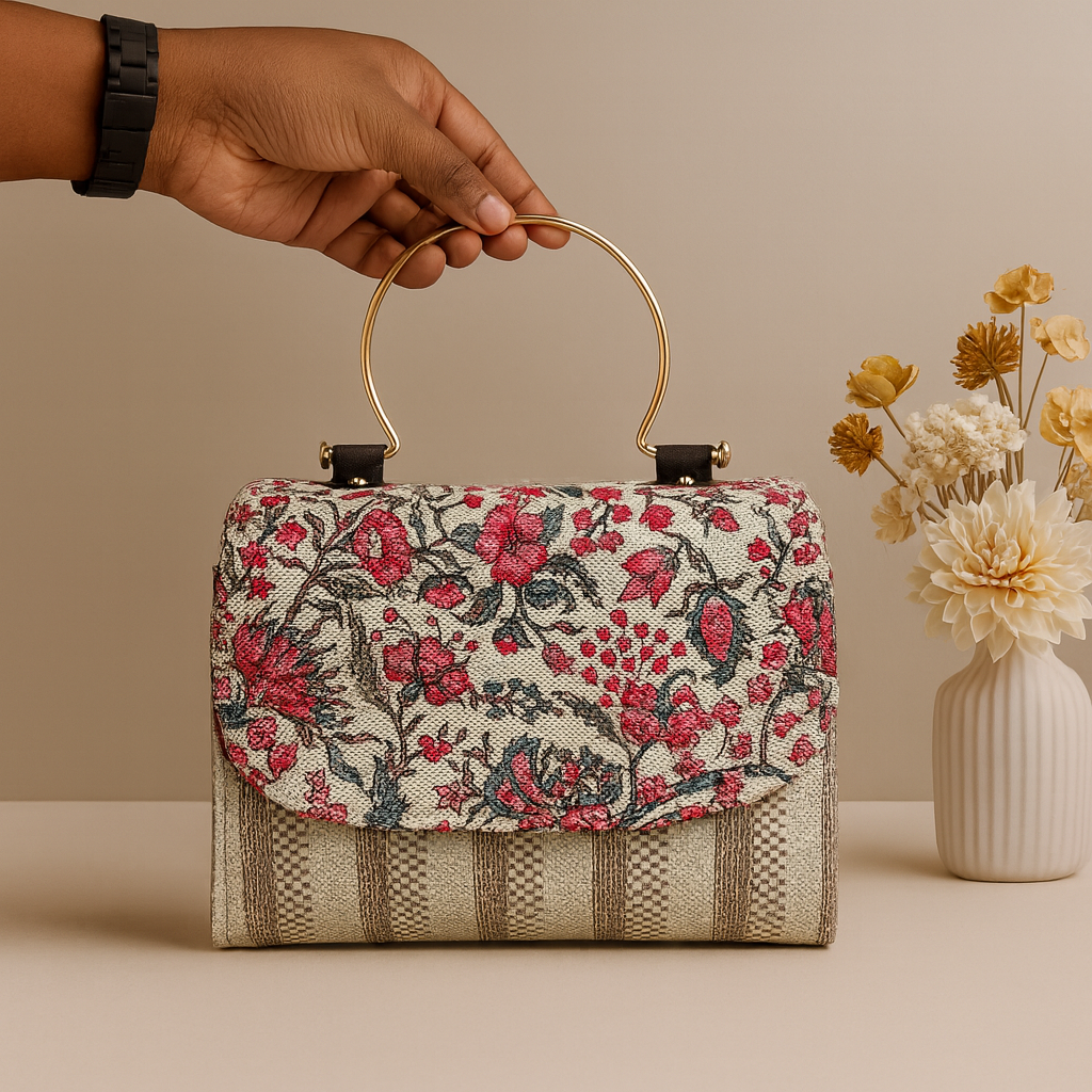 Kanirae Floral Printed Handheld Sling Bag – Elegant Fabric Crossbody with Gold Metal Handle