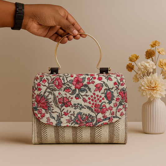 Kanirae Floral Printed Handheld Sling Bag – Elegant Fabric Crossbody with Gold Metal Handle