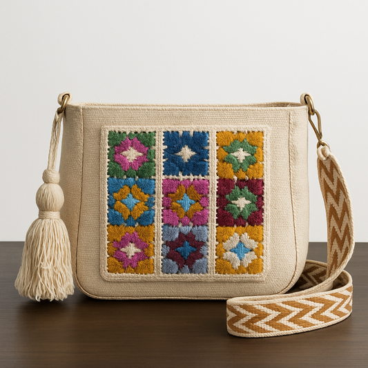 Kanirae Multicolor Embroidered Canvas Sling Bag – Handmade Boho Crossbody with Tassel