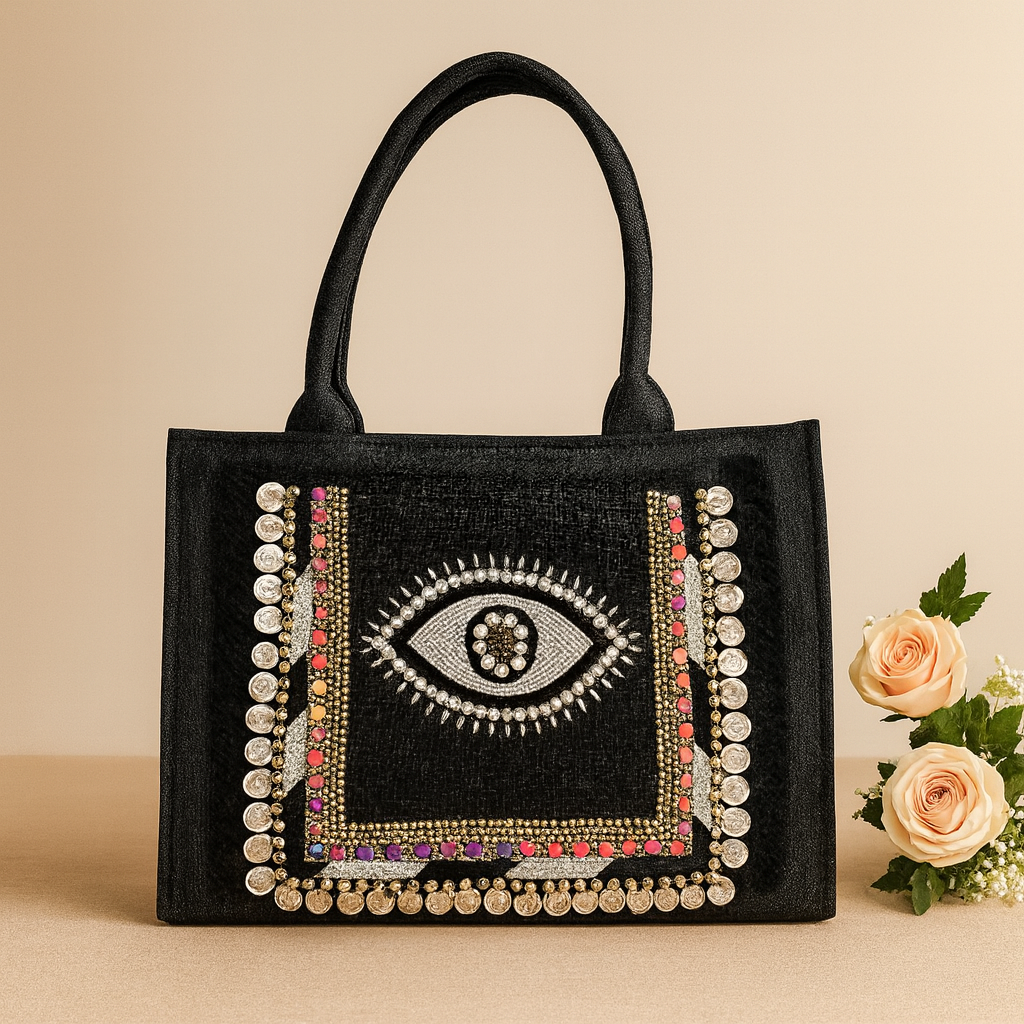 Kanirae Luxury Evil-Eye Embroidered Black Tote Bag