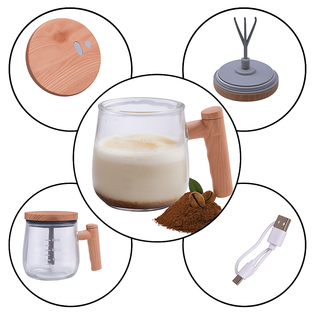 Kanirae Automatic Mixing Cup 400 ml | USB Rechargeable Glass Self-Stirring Mug | Perfect for Coffee & Protein Shakes on the Go